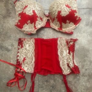 Victoria's Secret Red and Cream Lace Bra Set